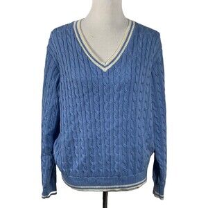 J Galt Cable Knit Cotton Blend Tennis Sweater Women O/S Blue Preppy